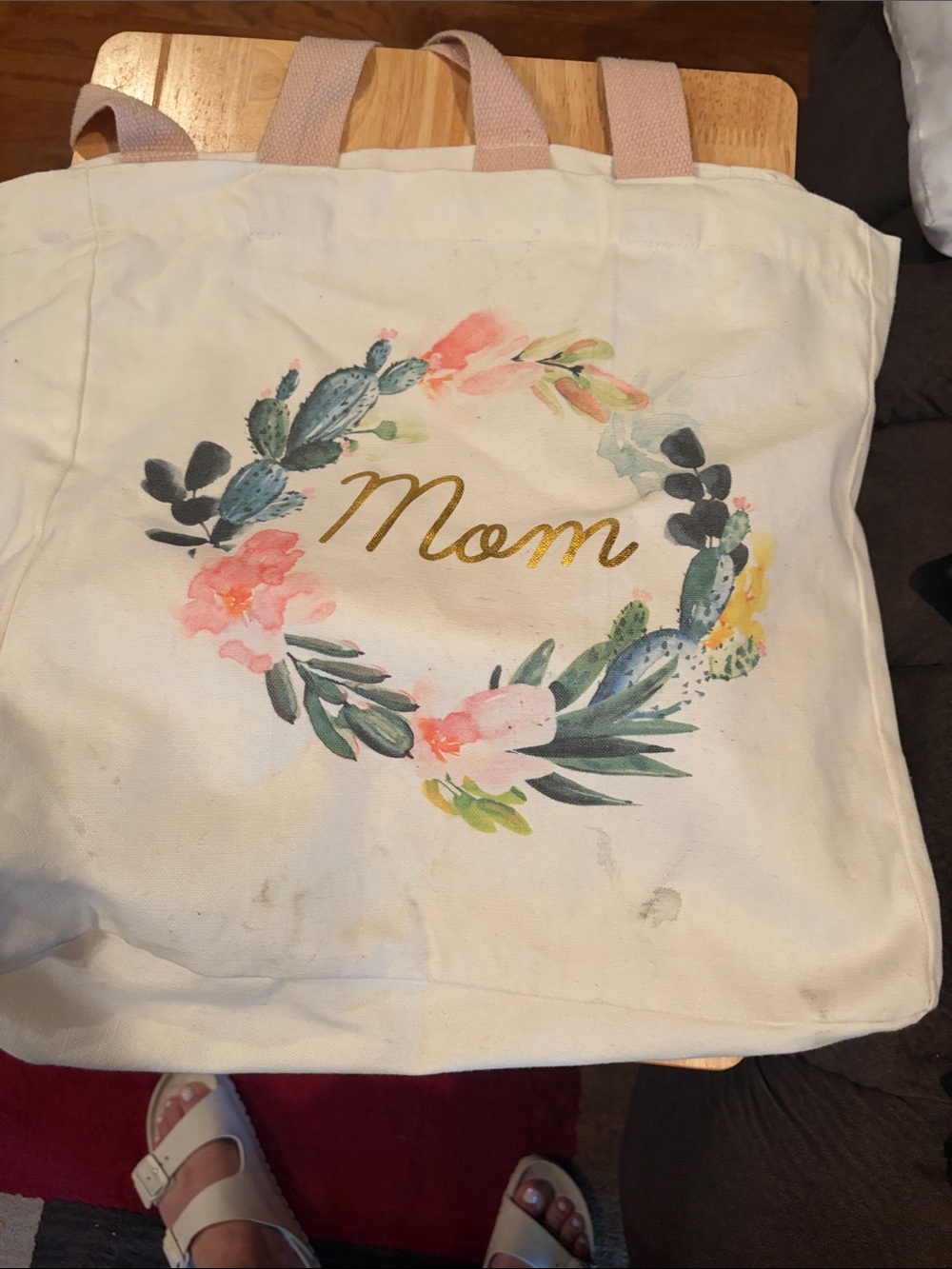Canvas 'Mom' Floral Wreath Tote Bag - Cream with Pink and Green Accents